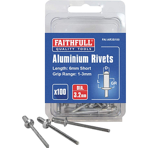 FAITHFULL ALUMINIUM RIVETS (100) 3MM SHORT, FAIAR3S100