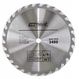 Circular saw blade with AW Tools branding, 30 teeth, 450 mm diameter, max 3400 RPM for wood cutting