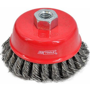 Red wire cup brush with a metal threaded arbor for attachment to a drill or grinder.