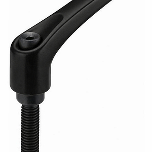 Black L-shaped clamping lever with a threaded bolt, used to tighten or adjust a clamp part
